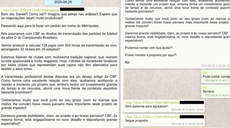Lilian Tahan, negociou com o banqueiro Daniel Vorcaro (controlador do Banco Master) o patroc&iacute;nio das transmiss&otilde;es da S&eacute;rie D do Campeonato Brasileiro em 2025