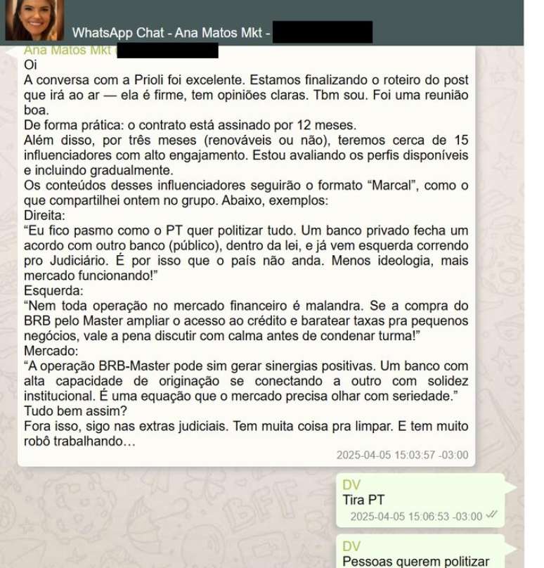 Trecho de di&aacute;logo de Vorcaro com funcion&aacute;ria do marketing sobre contrata&ccedil;&atilde;o de influenciadora Gabriela Prioli