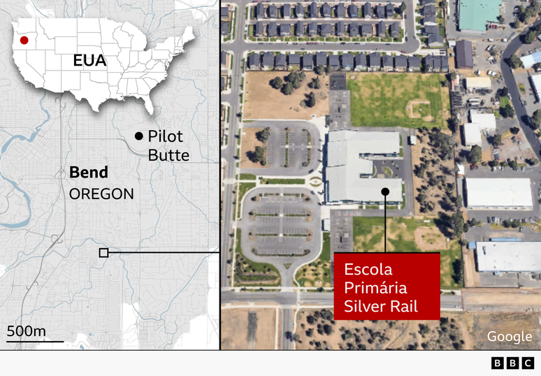 Um mapa mostra a localiza&ccedil;&atilde;o da escola prim&aacute;ria Silver Rail em Bend, Oregon, EUA.