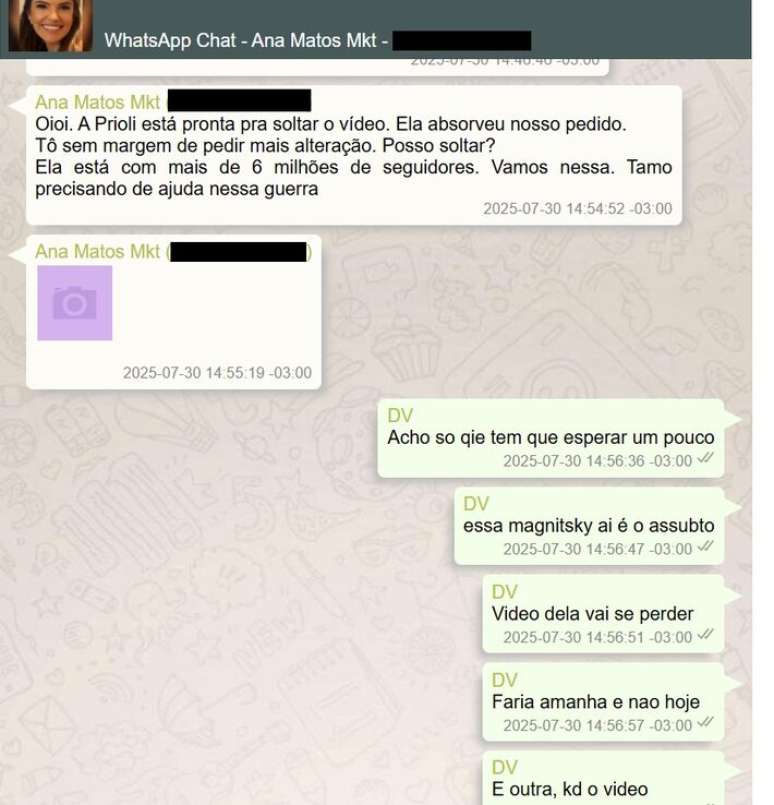 Trecho de di&aacute;logo de Vorcaro com funcion&aacute;ria do marketing sobre contrata&ccedil;&atilde;o de influenciadora Gabriela Prioli