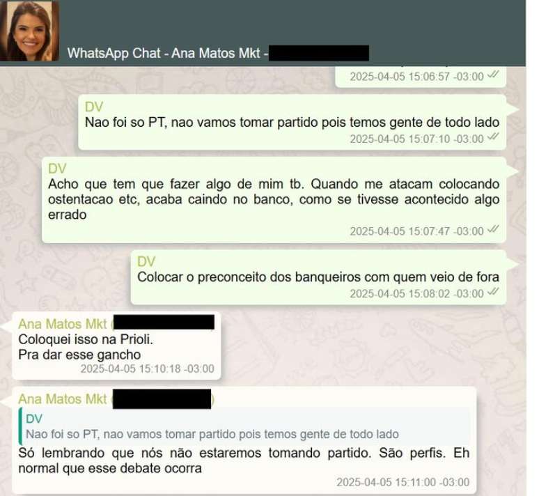 Trecho de di&aacute;logo de Vorcaro com funcion&aacute;ria do marketing sobre contrata&ccedil;&atilde;o de influenciadora Gabriela Prioli