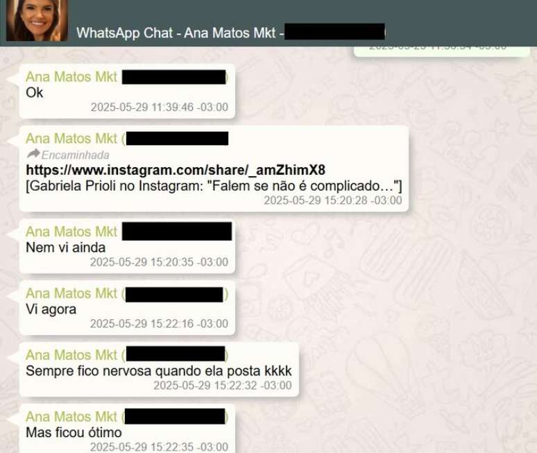 Trecho de di&aacute;logo de Vorcaro com funcion&aacute;ria do marketing sobre contrata&ccedil;&atilde;o de influenciadora Gabriela Prioli