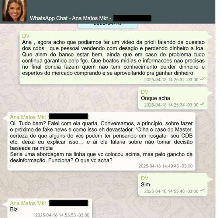 Trecho de di&aacute;logo de Vorcaro com funcion&aacute;ria do marketing sobre contrata&ccedil;&atilde;o de influenciadora Gabriela Prioli