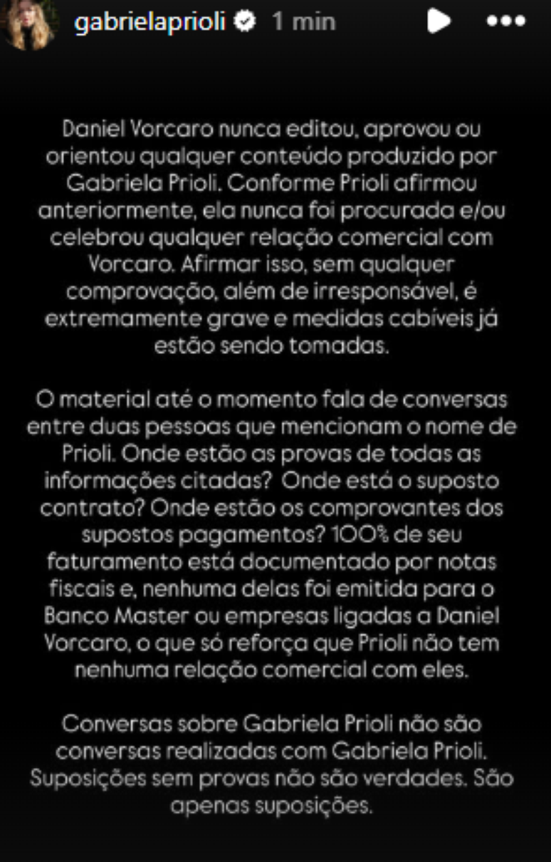 Gabriela Priori se manifesta ap&oacute;s ter nome associado a Vorcaro e produ&ccedil;&atilde;o de conte&uacute;do 
