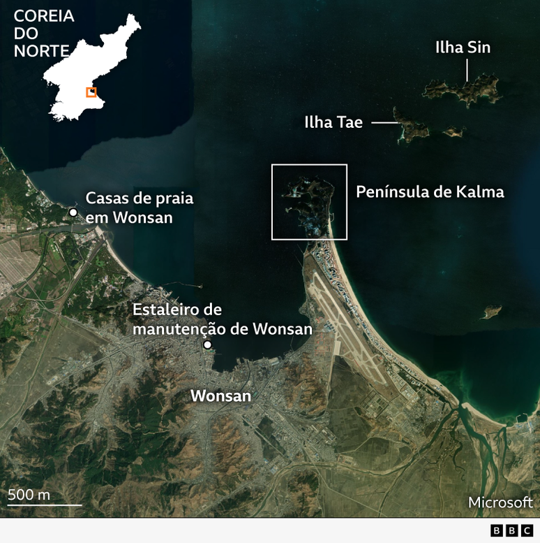 Imagem de sat&eacute;lite em close da &aacute;rea de Wonsan, com pontos localizadores marcando as casas de praia de Wonsan, o estaleiro de manuten&ccedil;&atilde;o de Wonsan, a pen&iacute;nsula de Kalma, a ilha de Tae e a ilha de Sin
