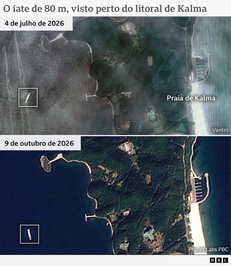 Duas imagens de sat&eacute;lite com data de 4 de julho de 2026 e 9 de outubro de 2026, mostram um navio com 80 metros de comprimento ao largo da pen&iacute;nsula de Kalma, na Coreia do Norte