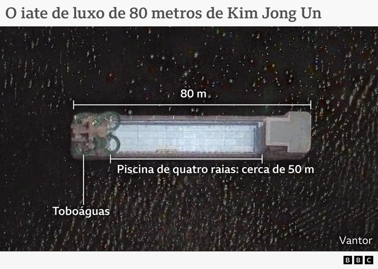 Imagem de sat&eacute;lite mostra um navio com 80 metros de comprimento, com tobo&aacute;guas no lado esquerdo e uma grande piscina de quatro raias medindo cerca de 50 metros de comprimento