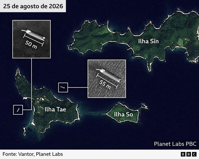 Imagem de sat&eacute;lite de 25 de agosto de 2026, mostrando dois navios, de 50 e 55 metros de comprimento, no litoral das ilhas Tae e Sin, perto de Wonsan