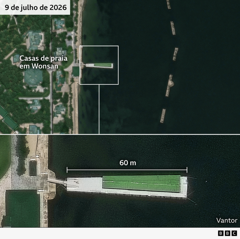 Imagem de sat&eacute;lite de 9 de julho de 2026, mostrando um navio de 60 metros de comprimento ancorado ao lado das casas de praia de Wonsan, com uma vista do navio em close embaixo