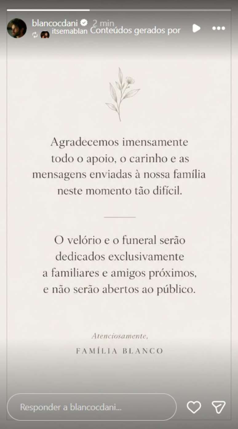 Fam&iacute;lia de Lua Blanco pede privacidade e confirma vel&oacute;rio restrito a pessoas pr&oacute;ximas