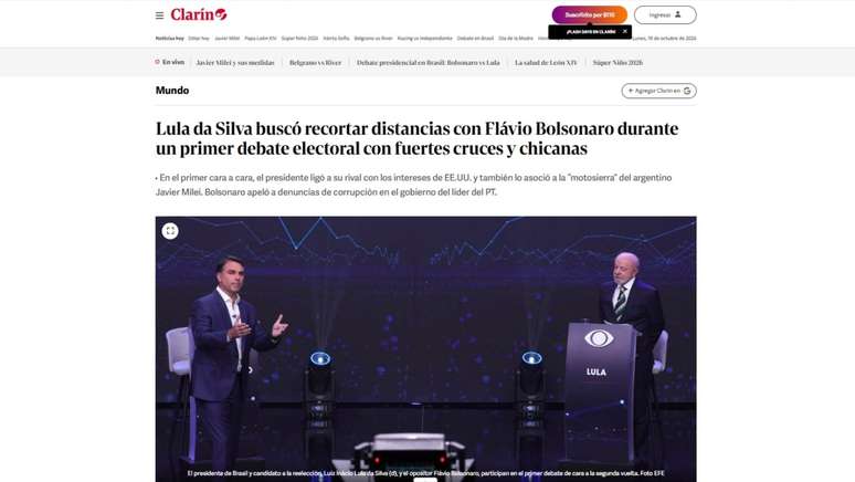 Clar&iacute;n: "Lula da Silva procurou diminuir a diferen&ccedil;a para Fl&aacute;vio Bolsonaro durante o primeiro debate eleitoral, marcado por trocas acaloradas e farpas".