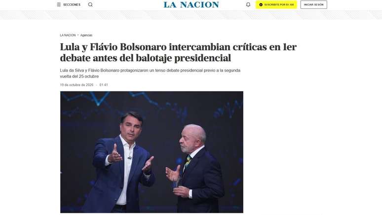 La Naci&oacute;n: "Lula e Fl&aacute;vio Bolsonaro trocam cr&iacute;ticas no primeiro debate antes do segundo turno das elei&ccedil;&otilde;es presidenciais".
