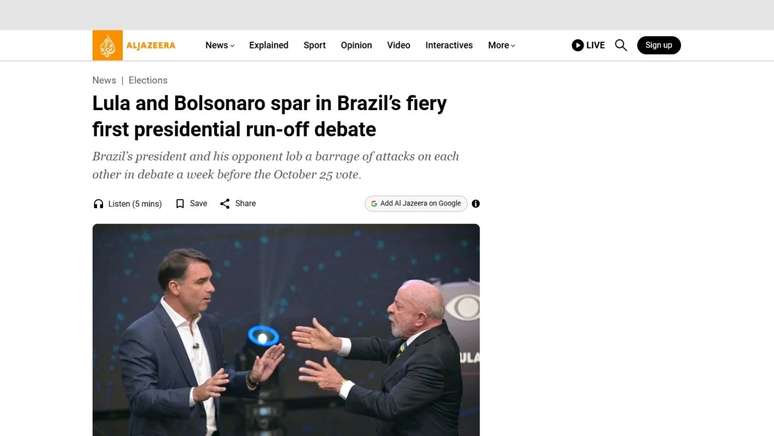 Al Jazeera: "Lula e Bolsonaro se enfrentam no acalorado primeiro segundo turno das prim&aacute;rias brasileiras"