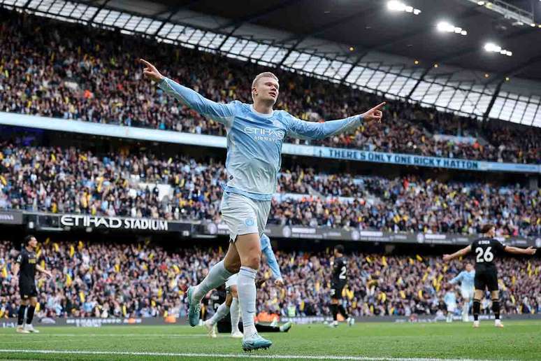 Erling Haaland, artilheiro do Manchester City, em a&ccedil;&atilde;o pela Premier League &ndash;