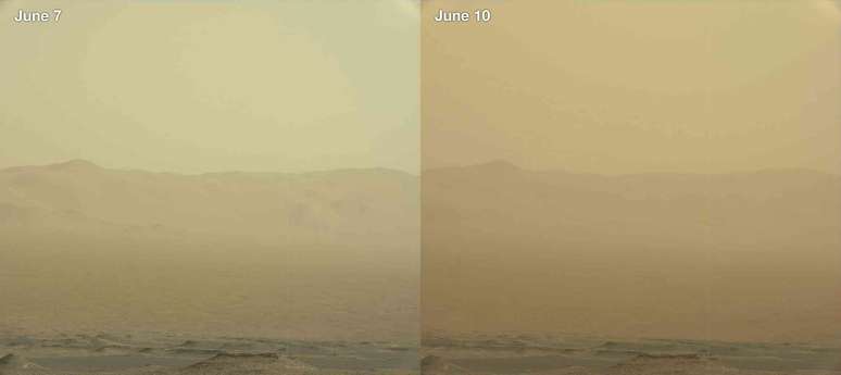 Duas imagens mostram uma paisagem empoeirada com uma crista ao fundo. Uma delas &eacute; visivelmente mais escura que a outra.