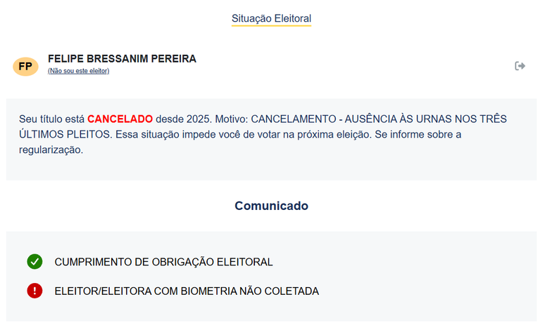 T&iacute;tulo de eleitor de Felca est&aacute; suspenso desde o ano passado por n&atilde;o ter comparecido ou justificado em tr&ecirc;s pleitos seguidos