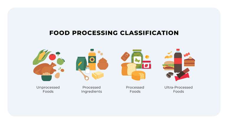 Um esquema das quatro categorias de processamento de alimentos da NOVA &mdash; alimentos n&atilde;o processados, ingredientes processados, alimentos processados e alimentos ultraprocessados