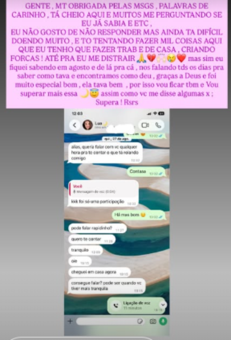 Lua Blanco contou sobre a doen&ccedil;a para amiga no dia 27 de agosto