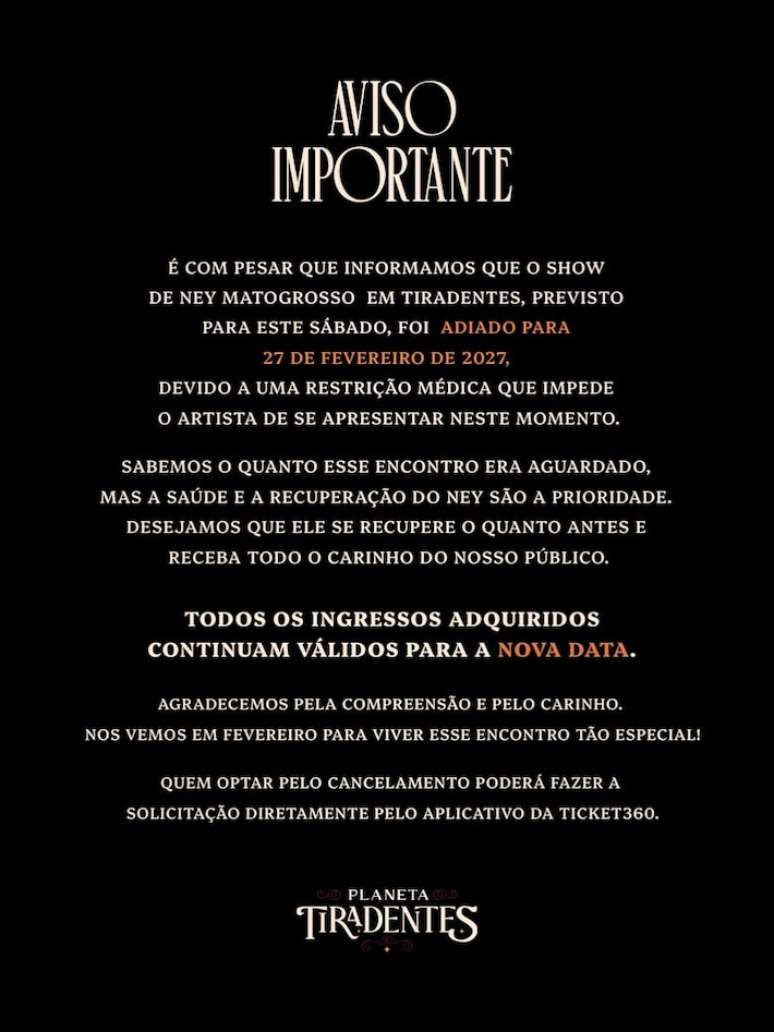 Show de Ney Matogrosso no evento Planeta Tiradentes foi remarcado para 27 de fevereiro de 2027