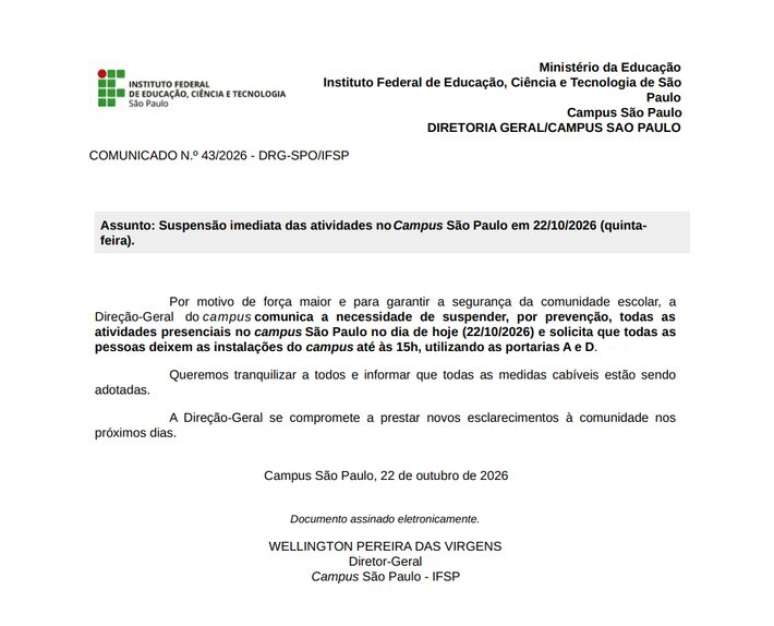 Nota do Instituto Federal de Ci&ecirc;ncias e Tecnologia.