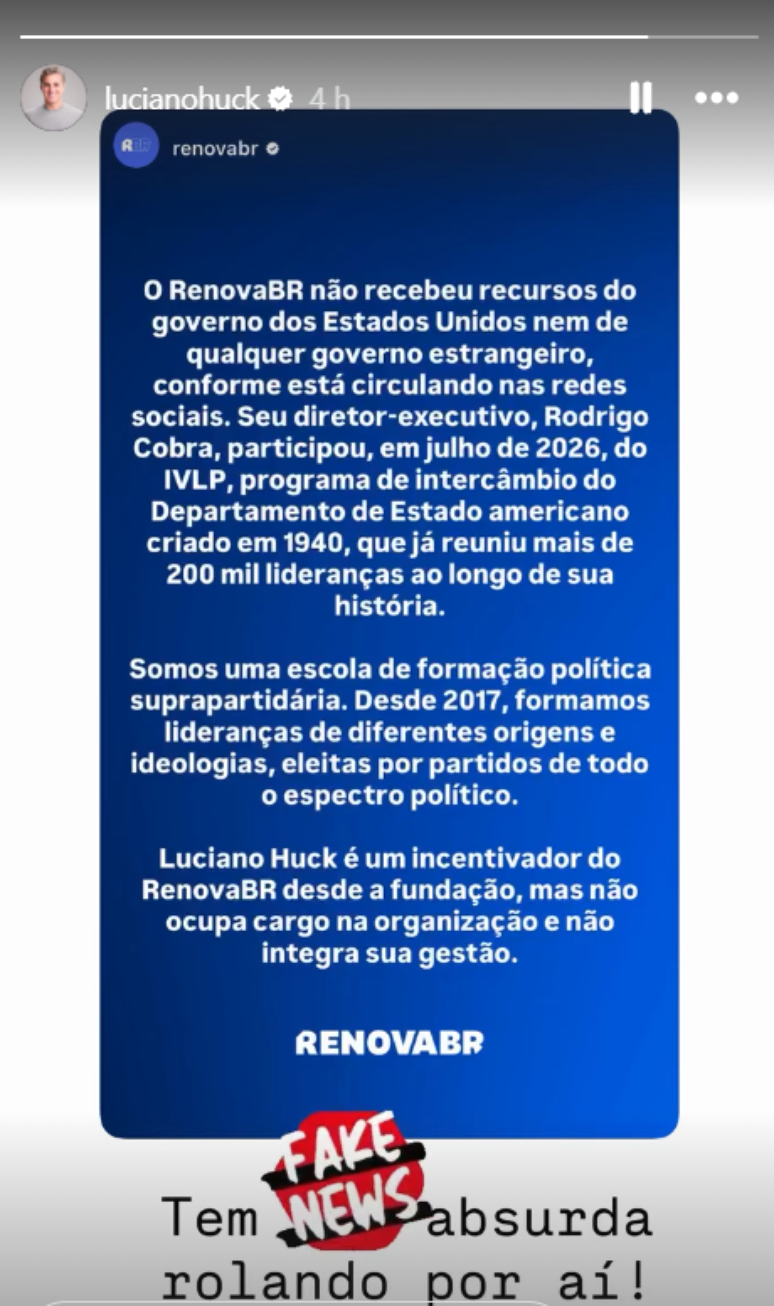 Publica&ccedil;&atilde;o de Luciano Huck no Instagram sobre a organiza&ccedil;&atilde;o RenovaBR ap&oacute;s divulgar ferramenta da plataforma