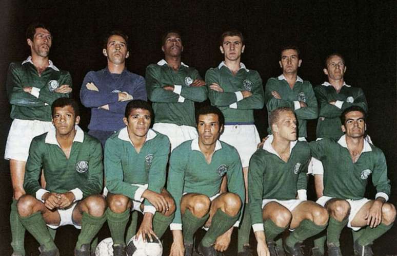 Base do Palmeiras-1968. Em p&eacute;: Geraldo, Valdir, Osmar, Baldochi, Dudu e Ferrari. Agachados: Suingue, Tup&atilde;zinho, Servilio, Ademir Da Gu&iacute;a e Rinaldo.