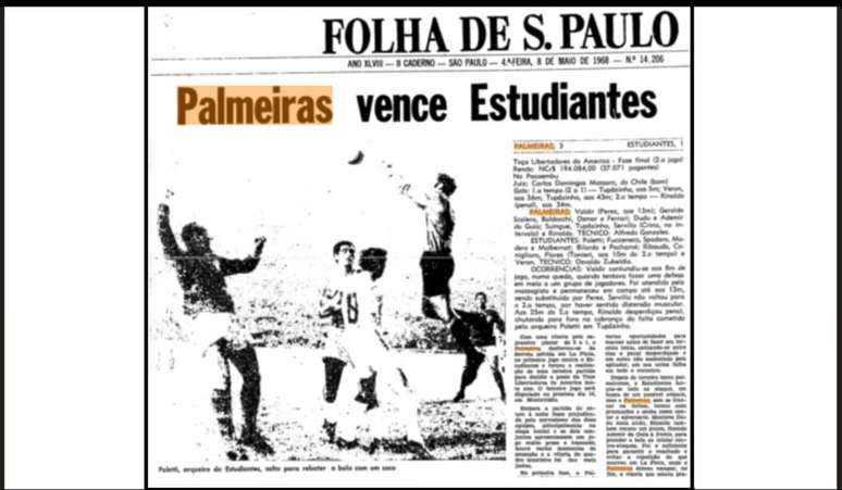 Capa da Folha de S&atilde;o Paulo no dia seguinte ao triunfo do Palmeiras no Pacaembu. Assim, jogo desempate garantido.