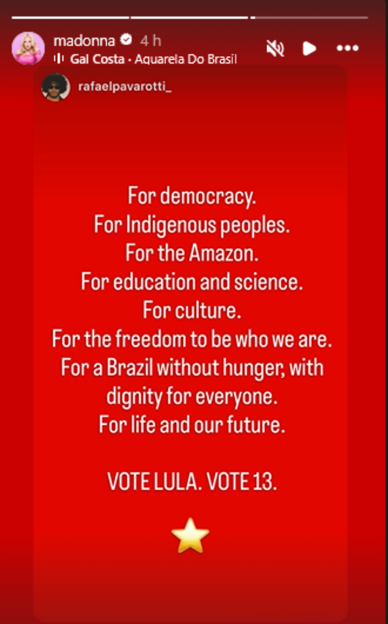 Madonna compartilhou publica&ccedil;&atilde;o em apoio a Lula