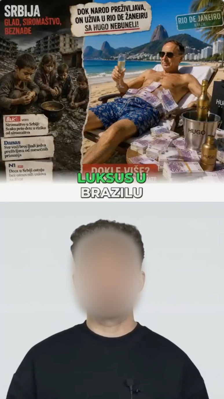 Captura de tela de v&iacute;deo mostra tela dividida: embaixo, apresentador, e em cima, imagem falsa de reitor na praia no Rio de Janeiro