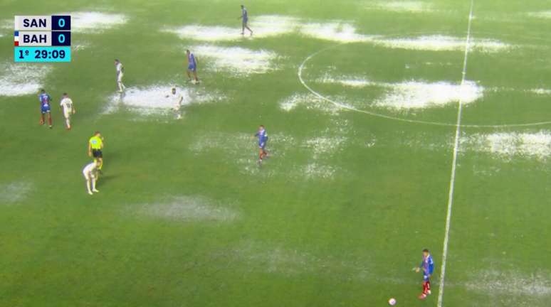 Olha a situa&ccedil;&atilde;o do gramado cinco minutos ap&oacute;s come&ccedil;ar a tempestade que seguiu at&eacute; o fim do 1&ordm; tempo.