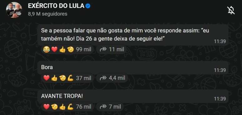 Mensagens do deputado Andr&eacute; Janones no canal "Ex&eacute;rcito do Lula"