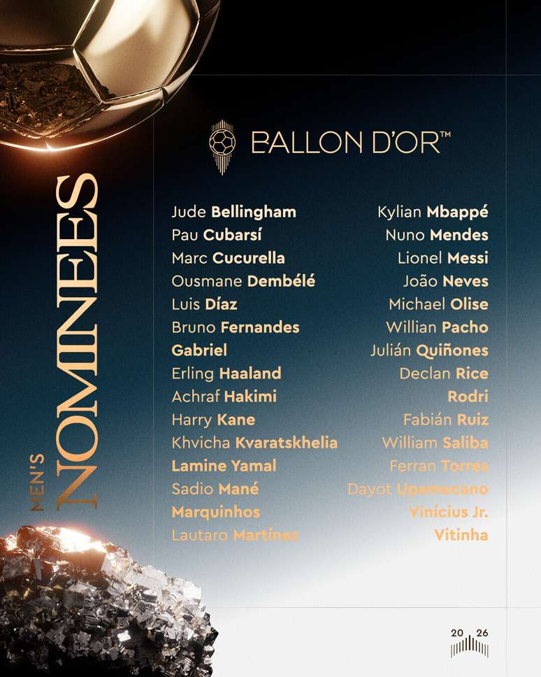 Jogadores indicados &agrave; Bola de Ouro masculina de 2026