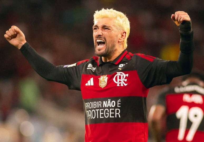 Arrascaeta vibra ap&oacute;s fazer o segundo gol do Flamengo sobre o Galo.&nbsp;