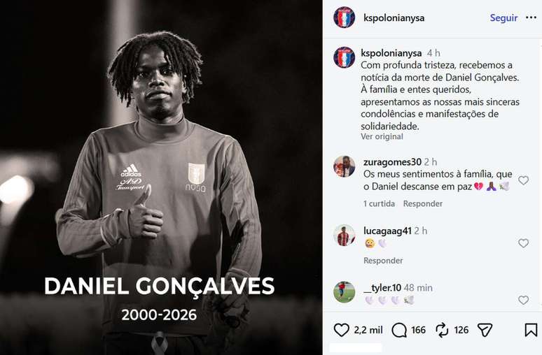 Polonia Nysa postou a not&iacute;cia da morte de Daniel nas redes sociais &ndash;