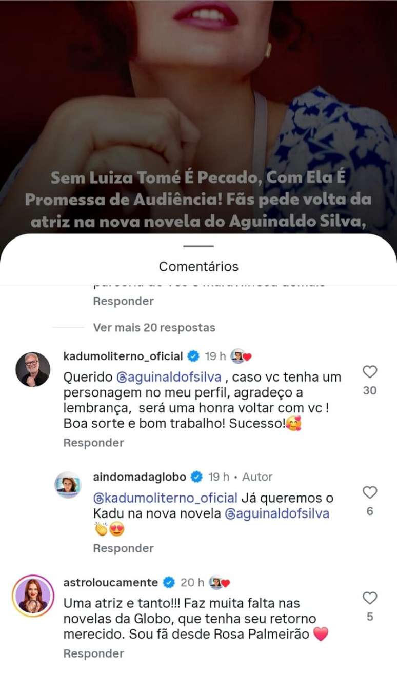 Coment&aacute;rio de Kadu Moliterno sobre personagem em novela de Aguinaldo Silva.