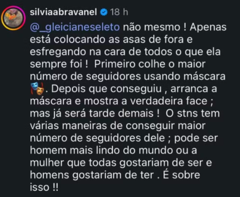 coment&aacute;rio de Silvia Abravanel na rede social
