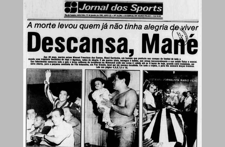 Capa do Jornal dos Sports noticiando a morte de Garrincha, um &iacute;dolo de uma na&ccedil;&atilde;o &ndash;