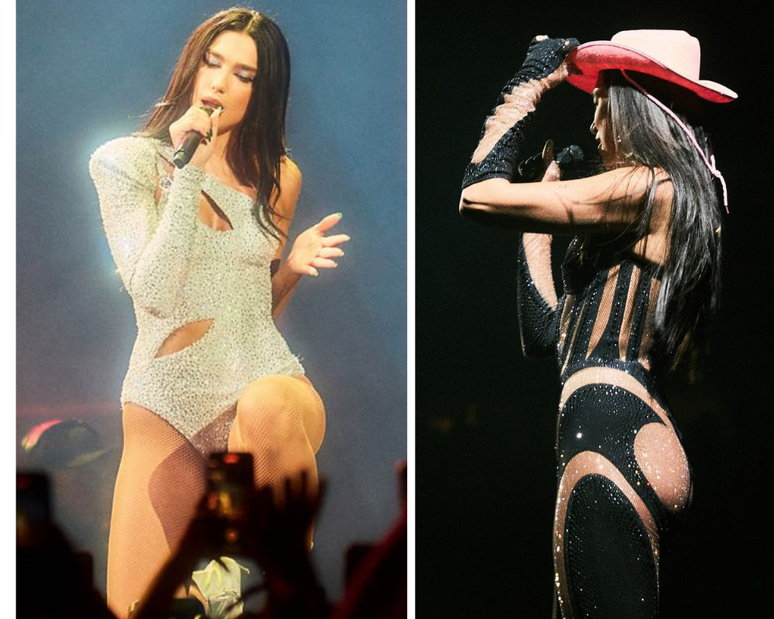 Os dois looks de Dua Lipa, da Versace e da Mugler, na turn&ecirc; The Future Nostalgia Tour, em 2022&nbsp; (Fotos: Elizabeth Miranda/Divulga&ccedil;&atilde;o/Versace/Reprodu&ccedil;&atilde;o/Instagram)