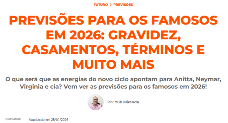 As previs&otilde;es para os famosos em 2026, publicadas no Personare em dezembro de 2025
