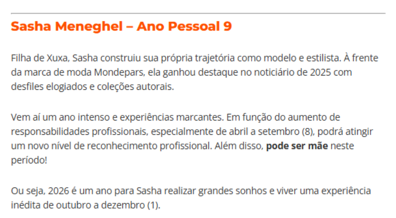 Trecho da previs&atilde;o para Sasha Meneghel