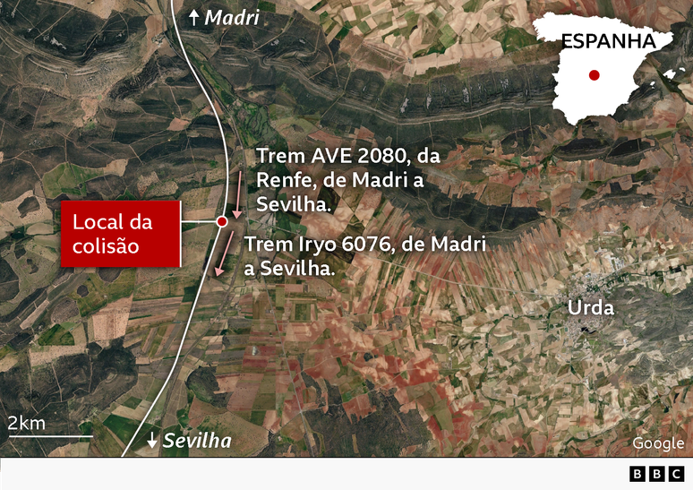 Mapa do local onde ocorreu a colis&atilde;o dos trens, na localidade de Urda, em Toledo (Espanha)