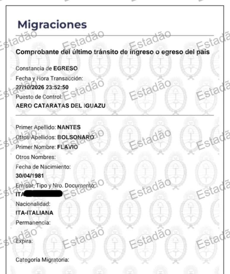 Registro migrat&oacute;rio do governo da Argentina mostra hor&aacute;rio em que Fl&aacute;vio Bolsonaro deixou o Pa&iacute;s, com passaporte italiano