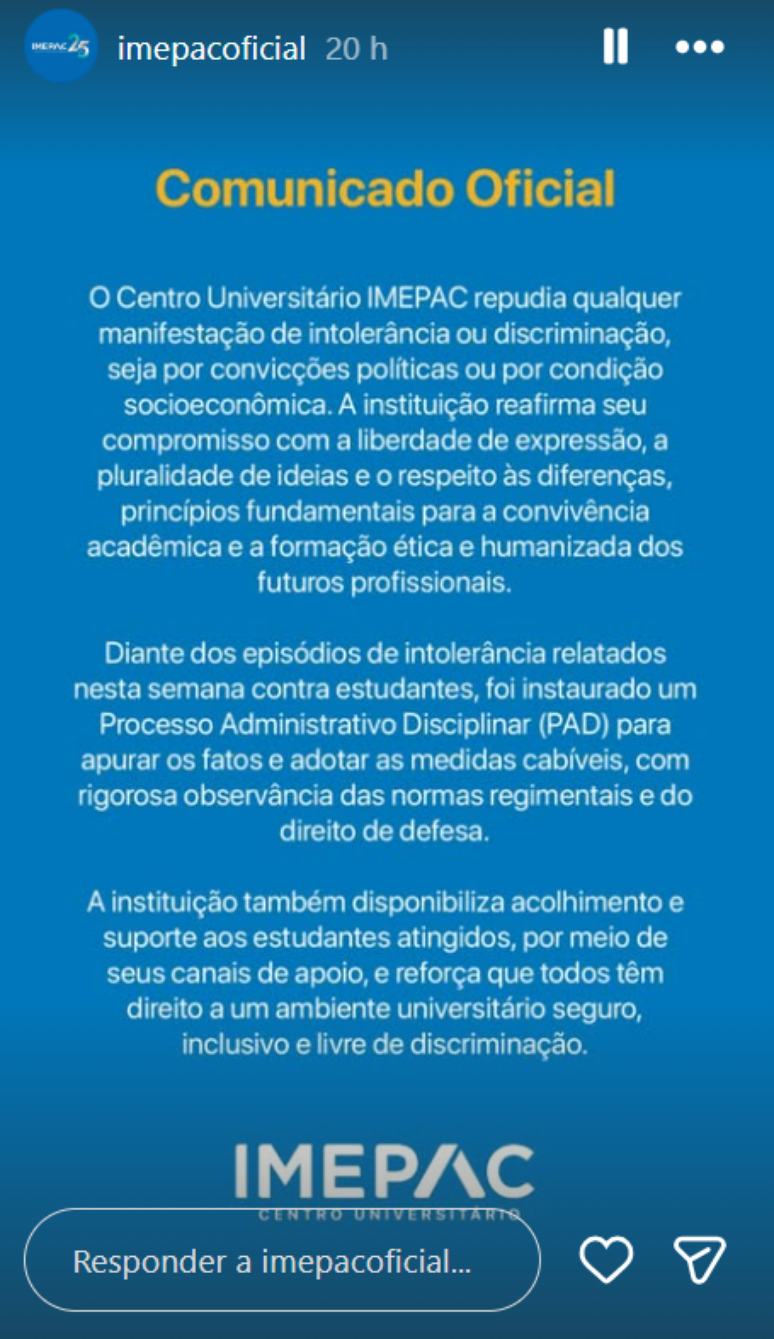 Comunicado do Centro Universit&aacute;rio Imepac