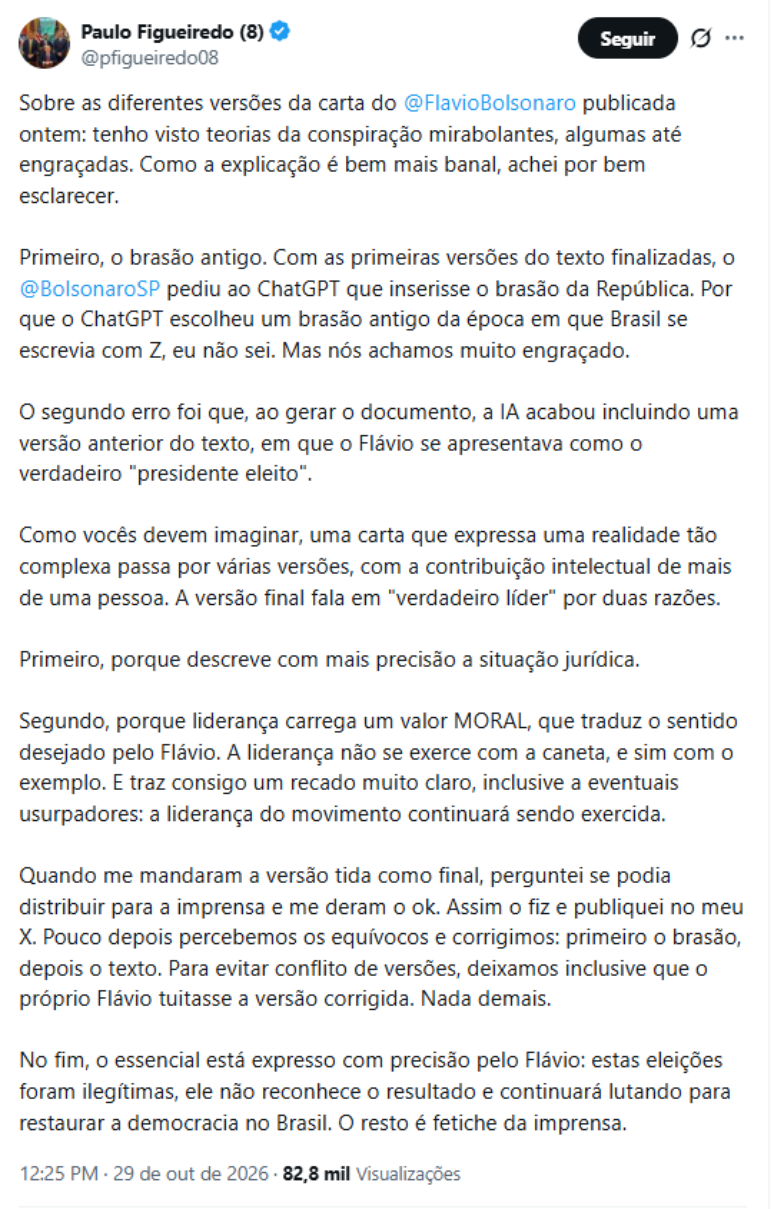 Publica&ccedil;&atilde;o no X, em que Paulo Figueiredo explica equ&iacute;vocos em cartas com teor golpista publicadas por Fl&aacute;vio Bolsonaro (PL)