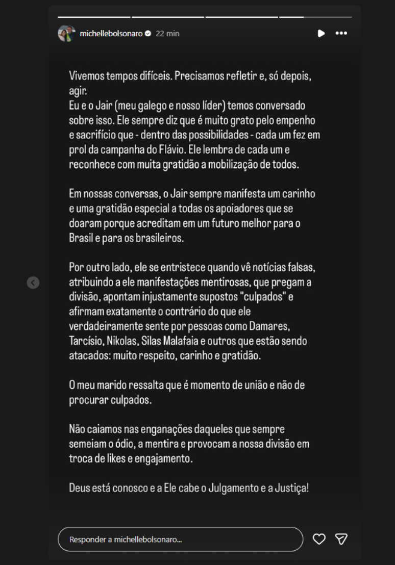 Michelle (PL) publica reflex&atilde;o e manda recado de Jair Bolsonaro: "Meu marido ressalta que &eacute; momento de uni&atilde;o"