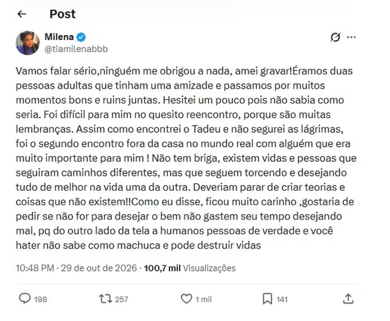 Milena se pronuncia ap&oacute;s encontro com Ana Paula