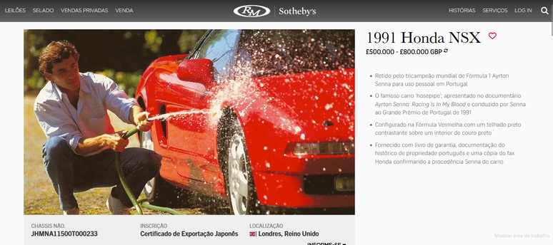 An&uacute;ncio do leil&atilde;o do carro usado por Senna em Portugal