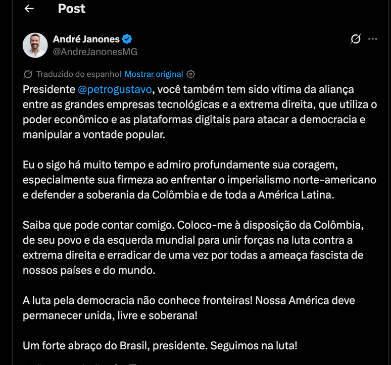 Janones responde a Petro no X
