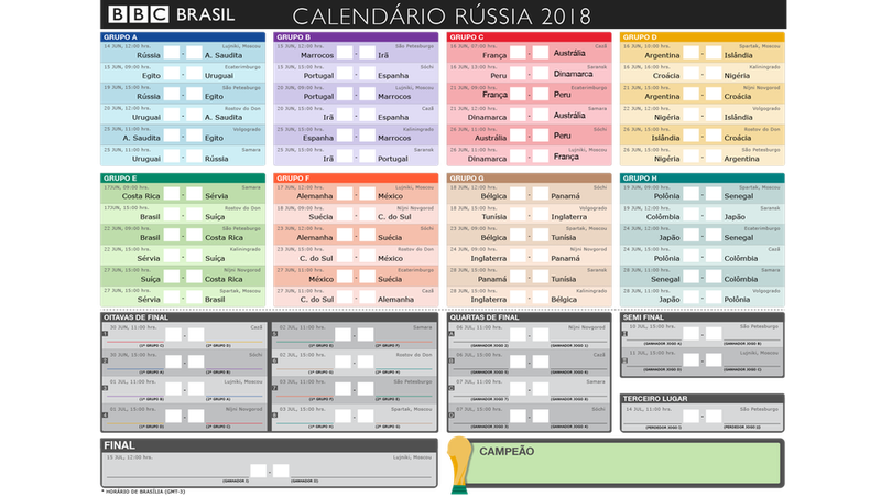 Imprima a tabela da Copa do Mundo da Rússia