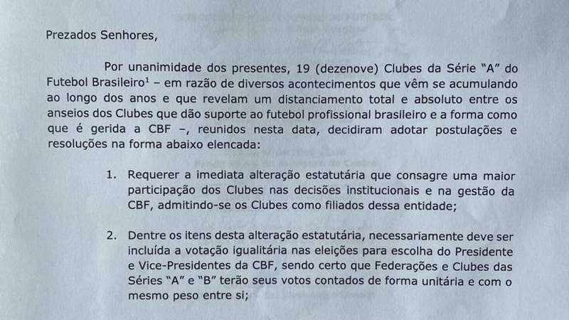 Clubes da Série A têm acordo para fundar Liga e comunicam CBF